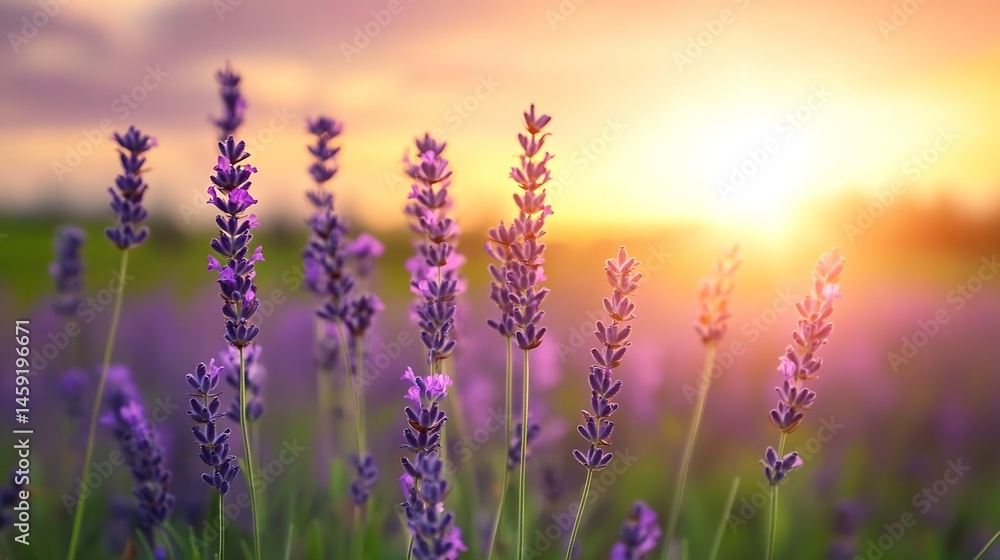 Aufkleber close-up view of lavender flowers in a field at sunset, bathed in warm golden light, creating a sere