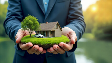 A man holds a plot of land with a designed house in his hands. The concept of building a house, acquiring your own property
