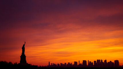 Naklejka premium Silhouette of Statue Liberty and New York City skyline at sunset Fiery orange and purple sky, dramatic scene