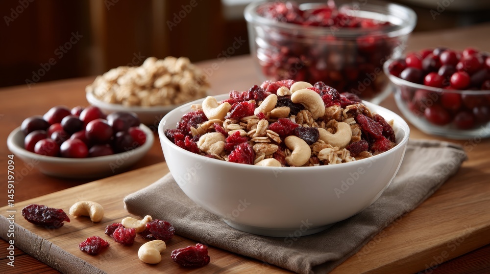 Poster close-up shot features a bowl of crunchy oat granola mixed with dried cranberries and cashews, set a