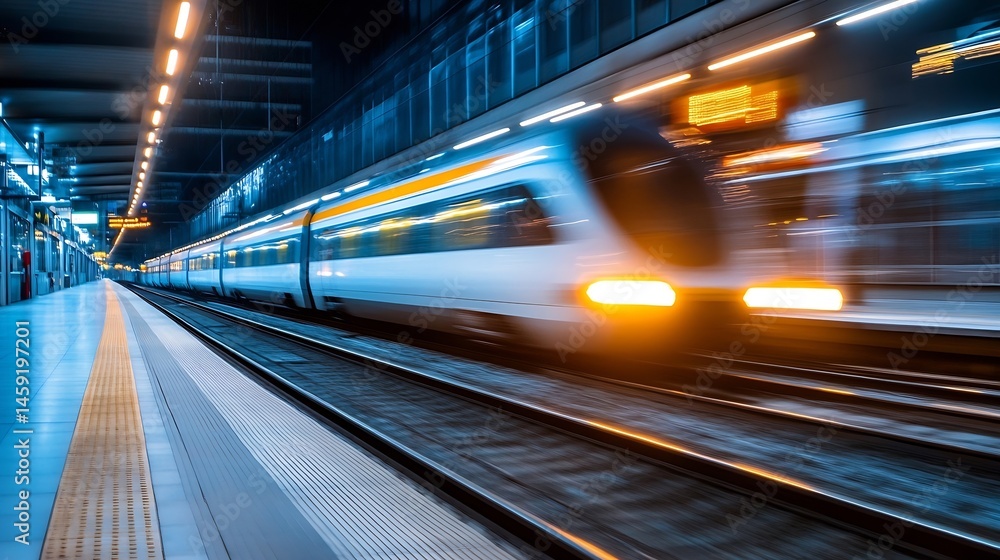 Poster high-speed train speeding through modern railway station at night, dynamic motion blur, blue and ora
