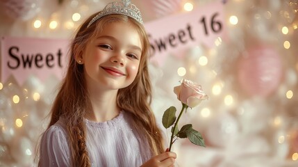 A beautiful girl smiles, holding a rose, celebrating her sweet sixteen birthday with a tiara.