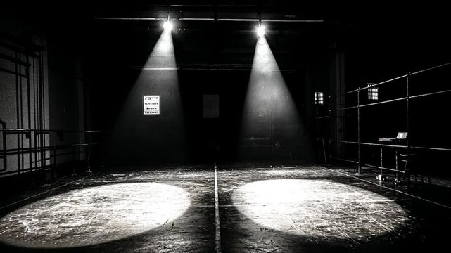 Dramatic lighting illuminates an empty dance studio, highlighting the polished floor and shadows