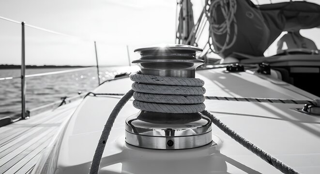 black and white minimalist sketch, yacht capstan with rope on sailing boat during cruise, marine objects concept, subject on left with ethereal light style, ample copy space on right