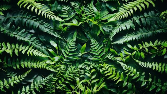 Deep and vibrant green fern leaves spreading to create a swirling organic pattern background.