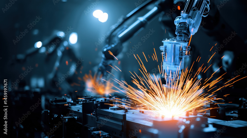 Poster industrial robot arm welding metal with sparks, showcasing advanced automation technology in a moder