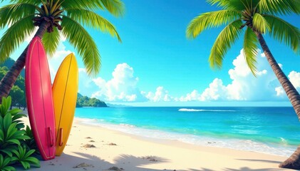 Colorful beach scene with surfboards, palm trees, and comic book-style balloons, surf, ocean