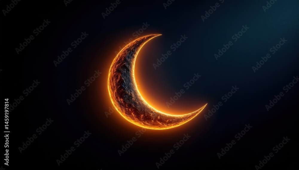 Poster glowing crescent moon with fiery texture on dark background for ramadan themed web design, digital a