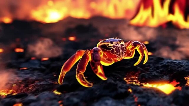 Red crab standing in lava field. Smooth repeating motion for background video animation.