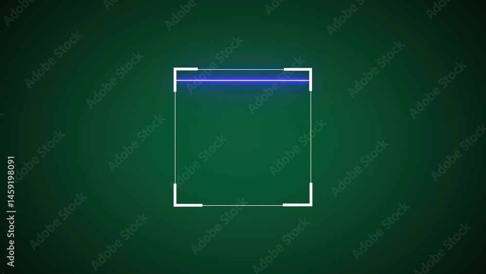 Poster abstract square frame with neon blue light and corner markers on a green background represents techn