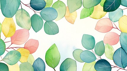 Watercolor Eucalyptus Leaves Frame Pastel Green Teal Pink Yellow Botanical Illustration