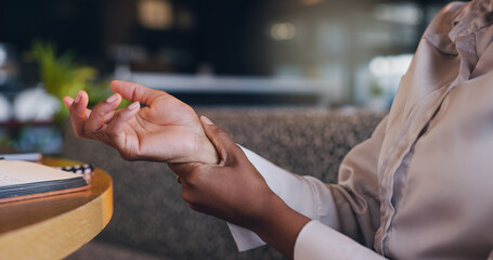 Hands, wrist pain and business person with injury at office, carpal tunnel syndrome or corporate writer with ache. Inflammation, pressure or tension with arthritis or professional employee burnout