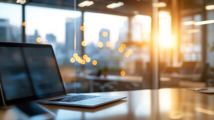 Laptop on a desk in a modern office with a blurred city skyline view through large windows, bathed in warm sunset light. : Generative AI