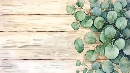 Watercolor Eucalyptus Leaves on Rustic Light Wooden Background Botanical Illustration