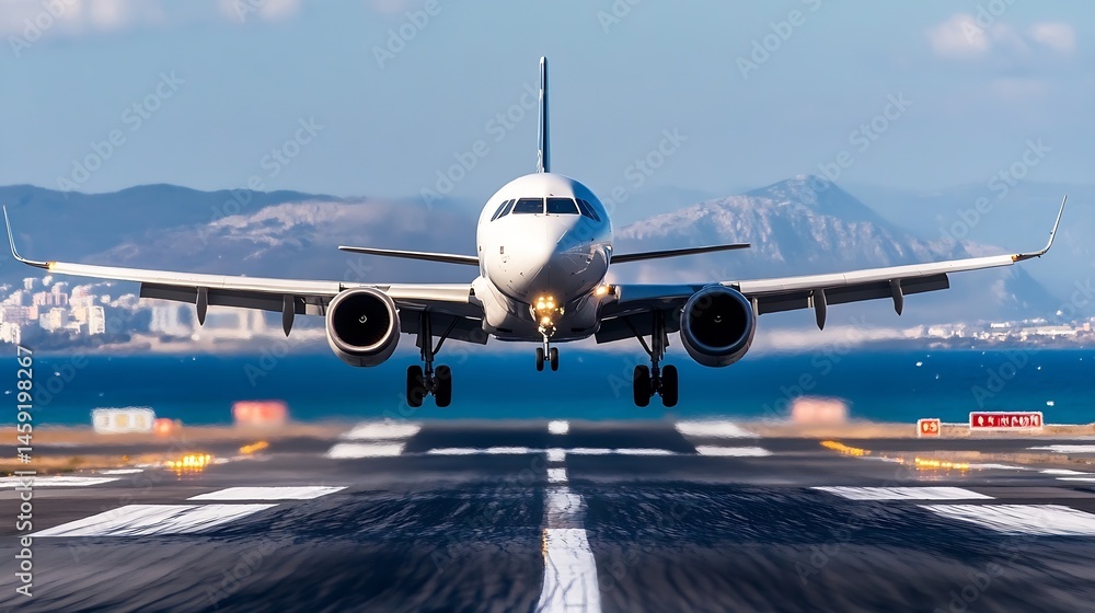 Poster airplane landing on runway, close-up view of the aircraft's front and landing gear, with a coastal c