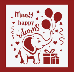 Paper cut out birthday card with elephant and balloons. Cut file