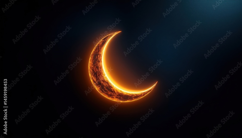 Aufkleber  glowing crescent moon with fiery texture on dark background for ramadan themed web design, digital art, print media, and islamic branding graphics