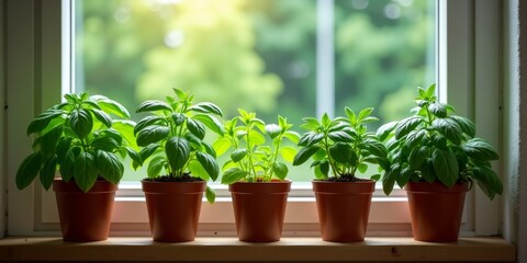 Five basil plants in terracotta pots on a windowsill
