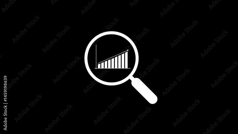 Aufkleber analysis and growth concept illustration with magnifying glass showing increasing bar graph on black