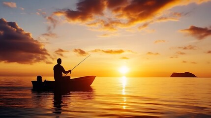 Fototapeta premium Silhouette of a fisherman in a small boat, peacefully fishing at sunset on a calm ocean, with a distant island and vibrant orange sky. : Generative AI