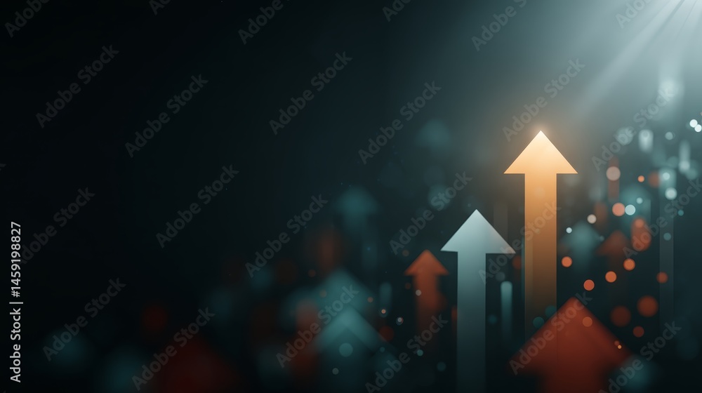 Poster a close-up view showcases glowing arrows rising on a digital stock chart, surrounded by vibrant data