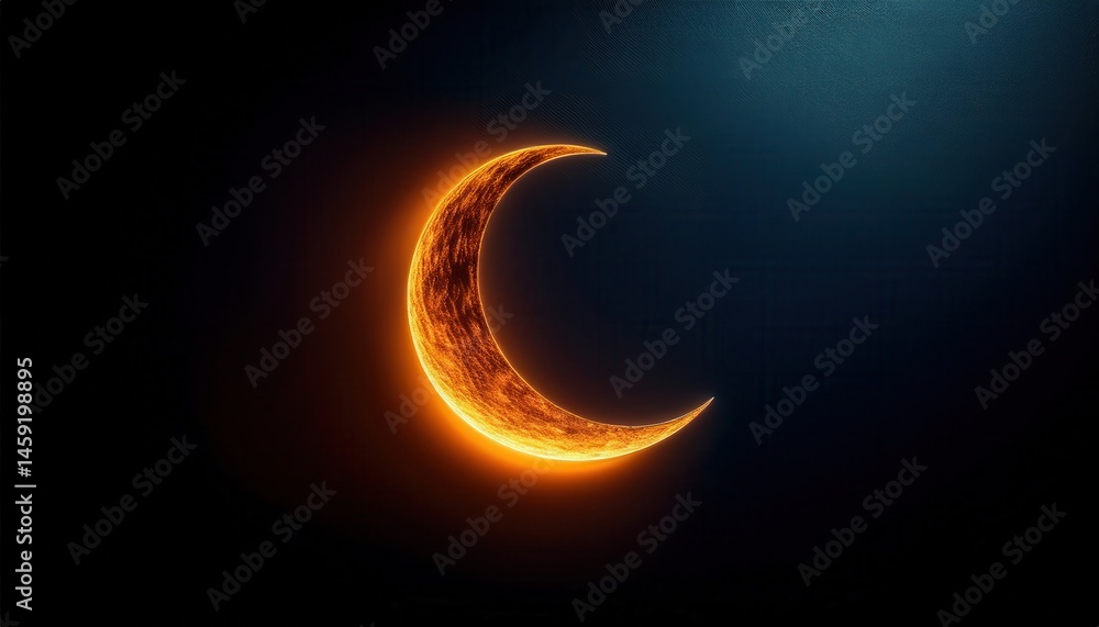 Poster glowing crescent moon with fiery texture on dark background for ramadan themed web design, digital a