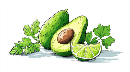 Colorful illustration of fresh avocado with seed, lime wedge, and green parsley leaves, showcasing vibrant natural ingredients with lively and fresh feel
