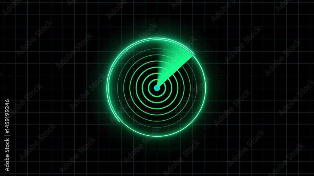 Poster animated green radar screen displaying detection sweeping across a grid background technology theme 