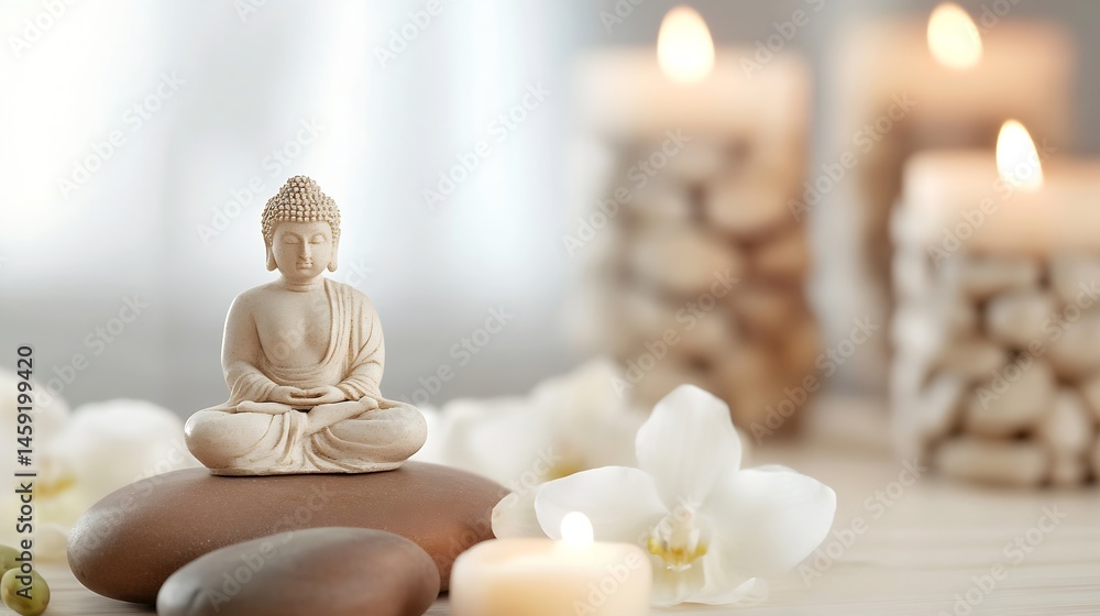 Poster serene buddha statue meditates peacefully atop smooth stones, surrounded by delicate white orchids a