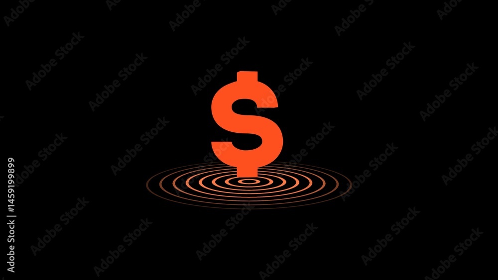 Poster orange dollar symbol standing centered on a ripple effect above a black background representing fina