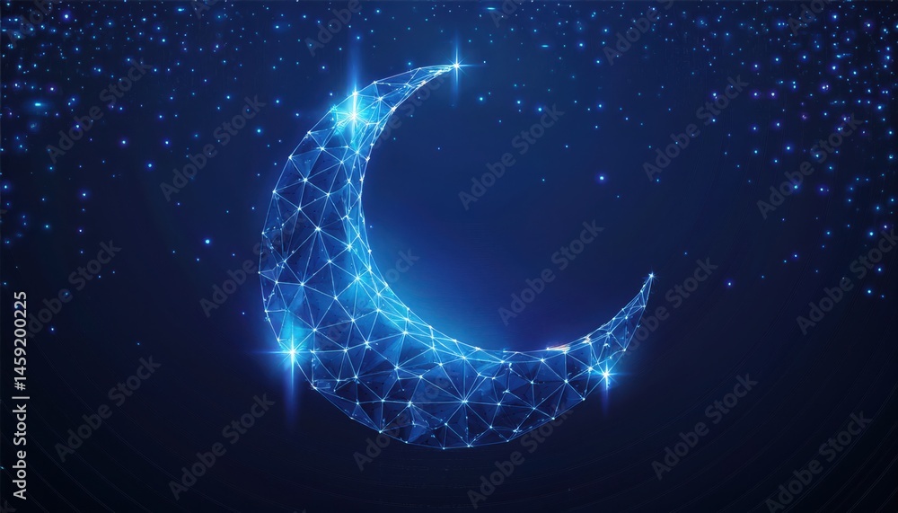 Aufkleber digital crescent moon with glowing blue mesh and starry night background for ramadan-themed web desi