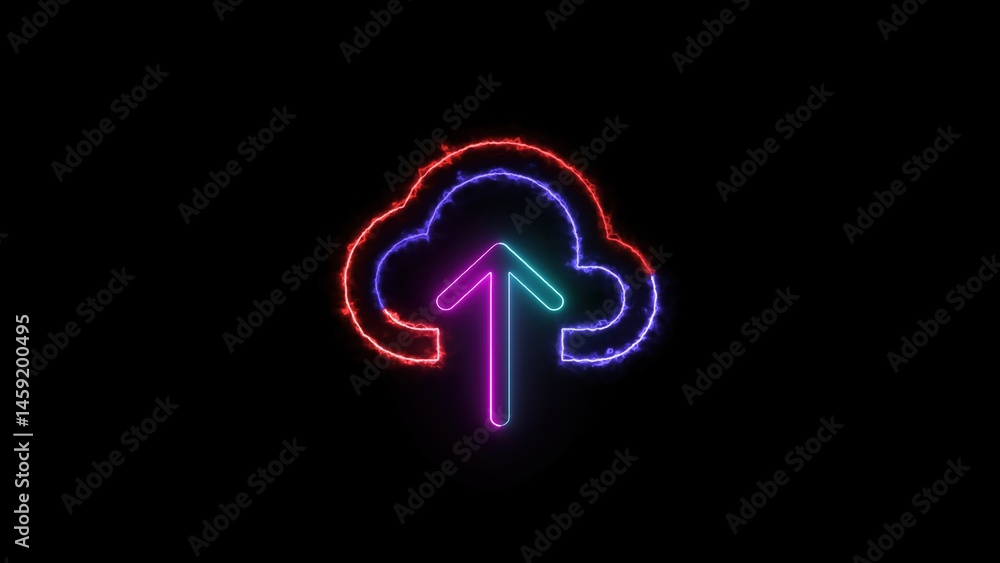 Poster neon cloud upload symbol representing data transfer and internet connectivity on a solid black backg