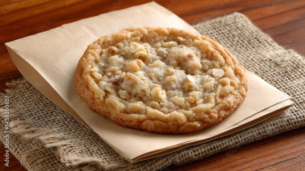 Poster Single oatmeal cookie rests in a kraft paper pouch on a textured burlap surface, illuminated by soft natural light, creating an inviting and rustic atmosphere