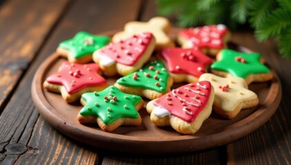Colorful Christmas cookies arranged on a wooden platter, seasonality, cozy