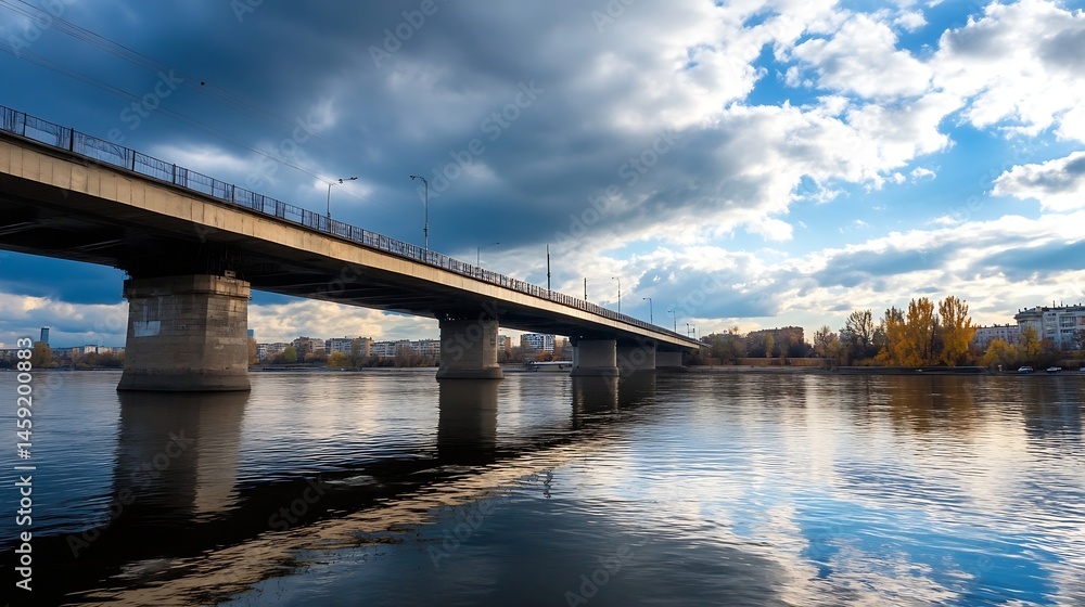 Aufkleber a long concrete bridge stretches across a wide river, its reflection mirrored in the calm water unde