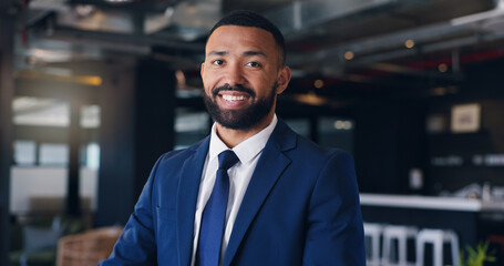 Naklejka premium Business man, portrait and confident smile in office for legal advice, corporate defender or advocate. Male employee, attorney or lawyer as professional consultant for career growth, pride or justice