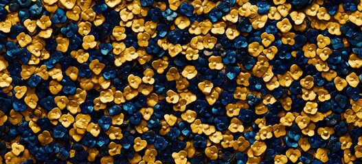 Abstract pattern of small, gold and navy blue flower-like shapes