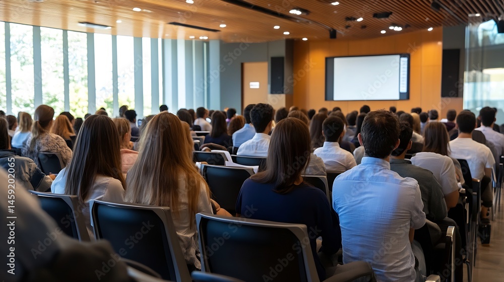Poster a large audience attentively listens to a presentation in a modern conference room, seated in rows o