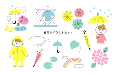 梅雨の手描きイラストセット