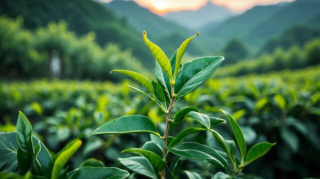 Close-up of fresh green tea tree leaves in a field at a farm. Young tender buds in a herbal farm with a natural backdrop.