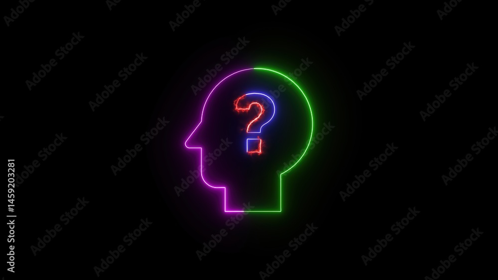 Poster neon brain with question mark silhouette representing inquiry creativity and ideas against a dark ba