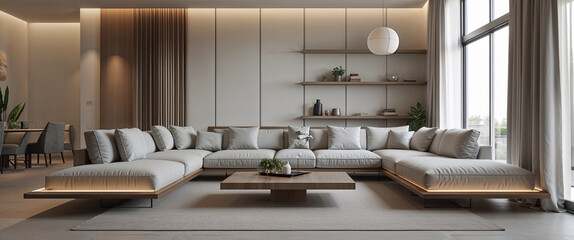 Modern minimalist living room interior design featuring large sectional sofa and neutral color palette