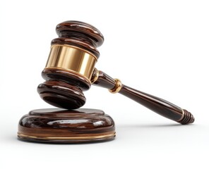 A wooden gavel on a white background, judicial hammer with a gold band and a round wooden stand, in the style of a traditional legal instrument.