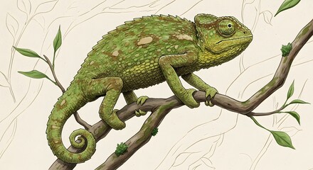 Illustrated chameleon rests on a winding tree limb drawn with ink and watercolor detail
