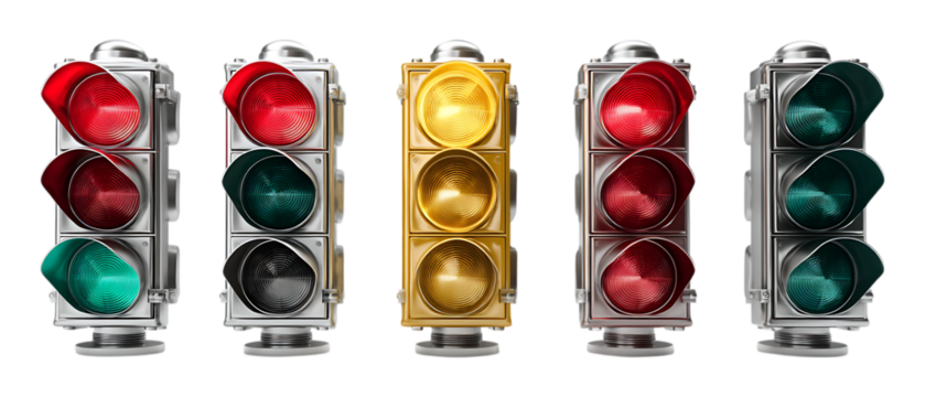 Pack of Traffic Light Signals Red Yellow Green Lights Stock Image set against transparent background