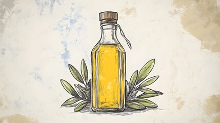 Hand-drawn illustration of a bottle of olive oil with leaves.