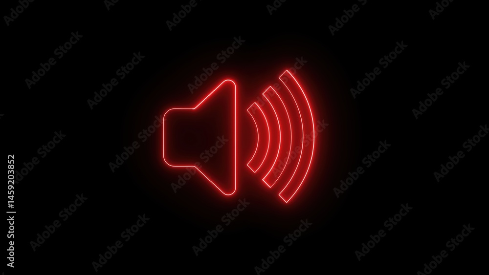 Poster glowing neon red speaker icon against a black background representing sound and audio visual element