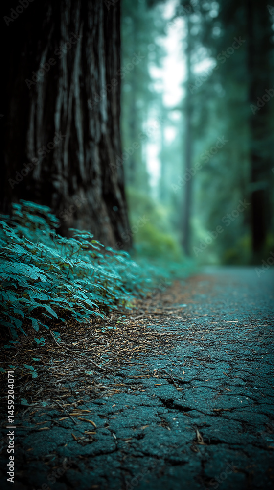 Poster close-up of teal foliage at tree base, beside dark path in blurred forest background, conveying tran