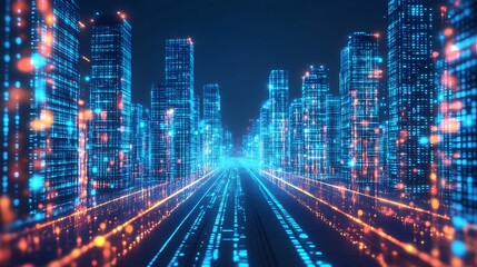Obraz premium Futuristic city at night with digital glow