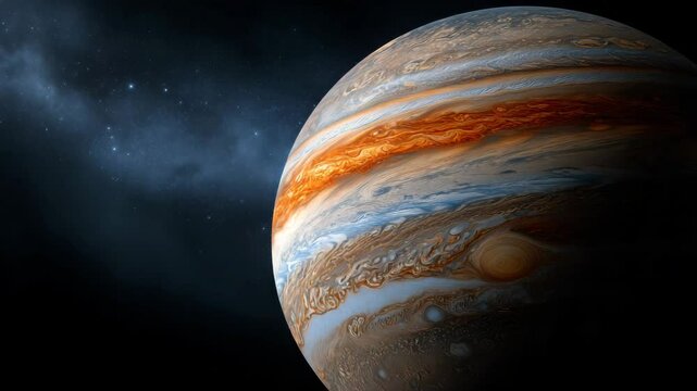 Stunning view of Jupiter planet against a backdrop of deep space and distant stars.
